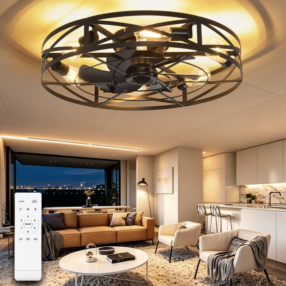 Depuley 24 Inch Flush Mount Caged Ceiling Fan with Light, Remote Control, 6 Speeds, Reversible Airflow, Black Finish, 6*E26 Bulb Not Included