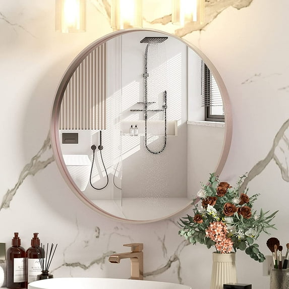 Depuley 30 Inch Modern Wall Mirror,Decorative Round Mirror Purple Gold Aluminum Frame,Circle Vanity Mirror for Bathroom and Bedroom