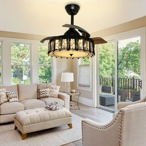 Depuley 36" LED Crystal Ceiling Fan with Lights and Remote Industrial Ceiling Fan Black Chandelier Ceiling Fan Retractable Blades for Living Room Bedroom Kitchen Dining, 3 Wind Speeds