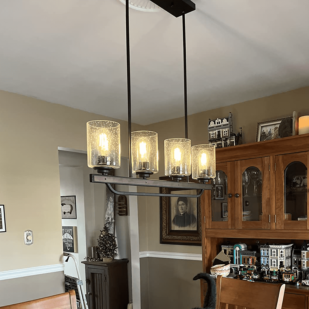 Depuley 4 Light Glass Pendant Light Rustic Track Ceiling Light Metal Wood Chandelier Lighting Fixture Hanging for Living Room Kichen Dining Restaurant, E26 Base
