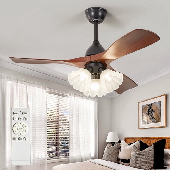 Depuley 42" 3-Blade Walnut Modern Ceiling Fan with Light, 3-Light Ceiling Fan Remote Control, Flower Shade, 6-Speed, Reversible, 3*E26 Bulb Not Included, Height-Adjustable for Bedroom Living Room