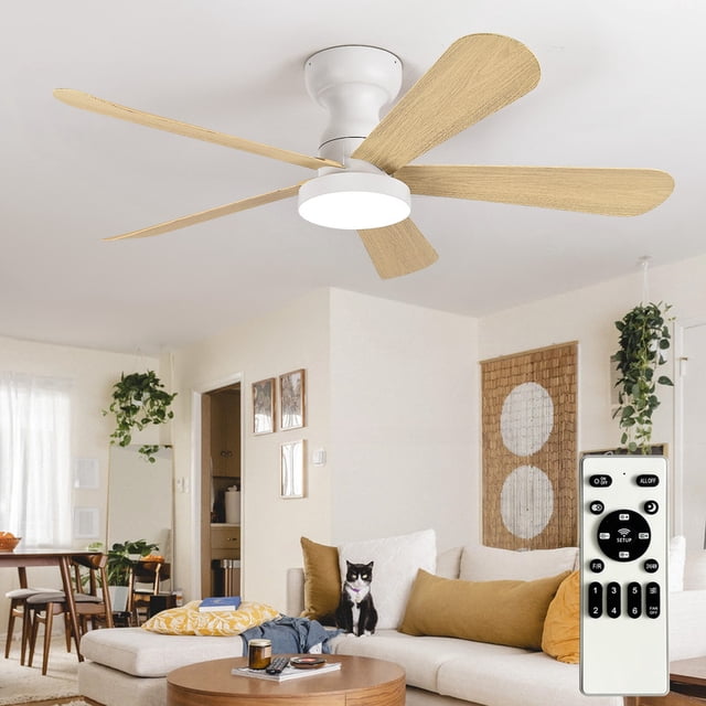Depuley 42-Inch Ceiling Fan with Lights: Wood Grain Flush Mount Fan ...