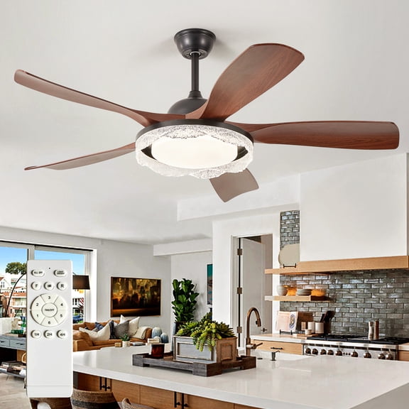 Depuley 46" 5-Blade Walnut Ceiling Fan with LED Light, Remote Control, 6-Speed, Reversible Airflow, Dimmable Ceiling Fan Lighting, Height-Adjustable for Living Room Covered Patios