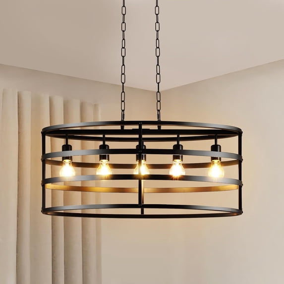Depuley 5 Light Metal Cage Ceiling Chandelier Black Industrial Kitchen Island Light Fixtures Hanging Oval Pendant Light for Living Room Dining, E26 Socket