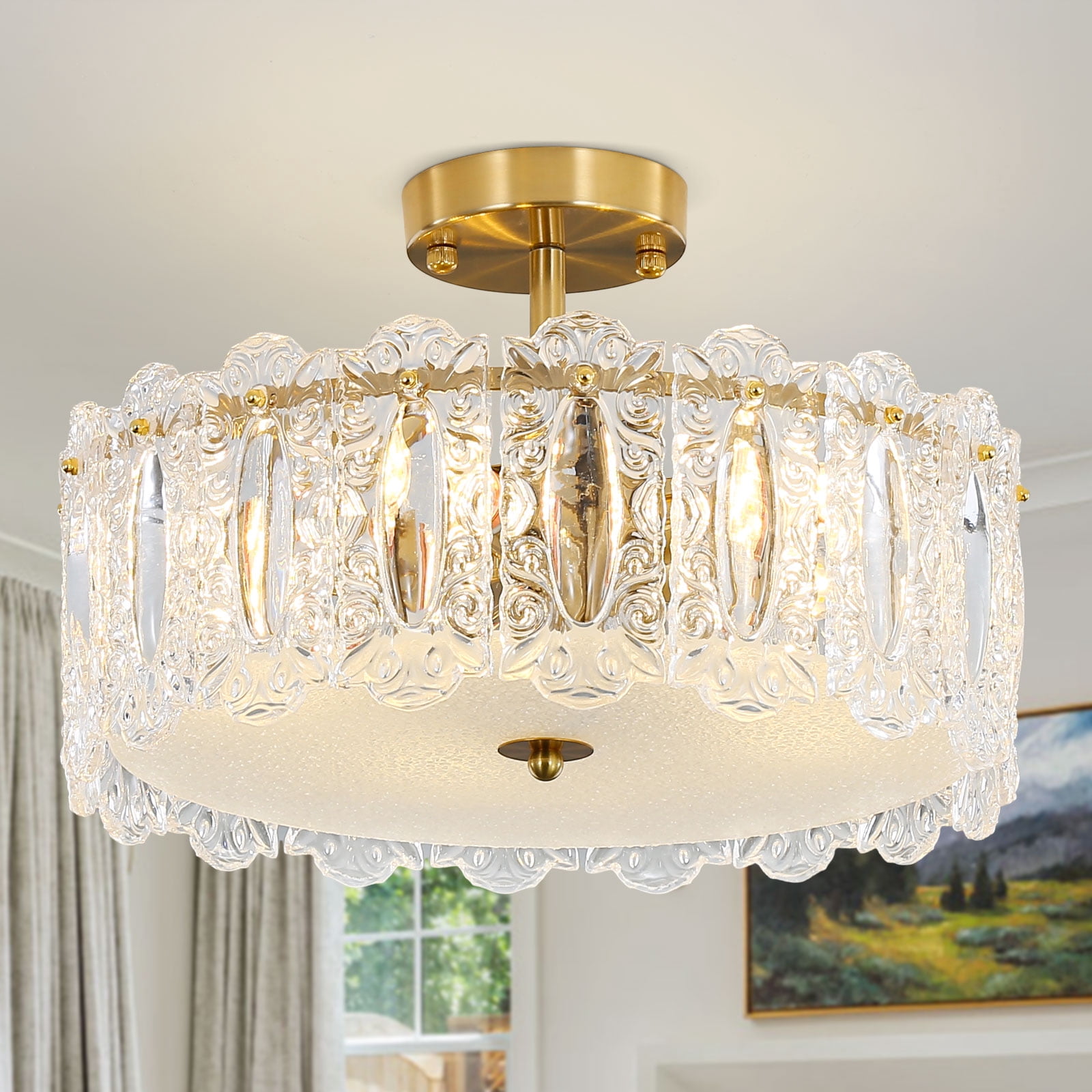 Depuley Modern Crystal Chandelier – 6-Light Gold Shell Pendant With Adjustable Rod, E12 Bulbs Included, UL Listed