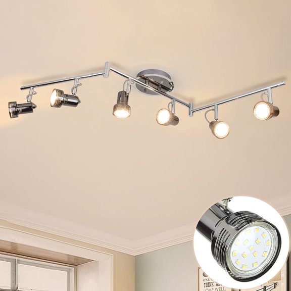 Depuley 6-Light Modern LED Track Ceiling Spotlight, Directional Flush Mount Foldable Ceiling Track Light Kit Rotatable Heads and Swing Arms for Living Room Kitchen Dining, GU10 Bulb Include