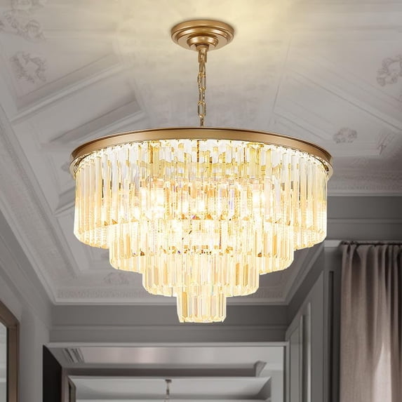 Depuley 9 Light Luxury Gold Crystal Chandelier Modern Flush Mount Ceilig Light Round Hanging Ceiling Lighting Fixture for Living Room Bedroom Dining, E12 Bulb Included