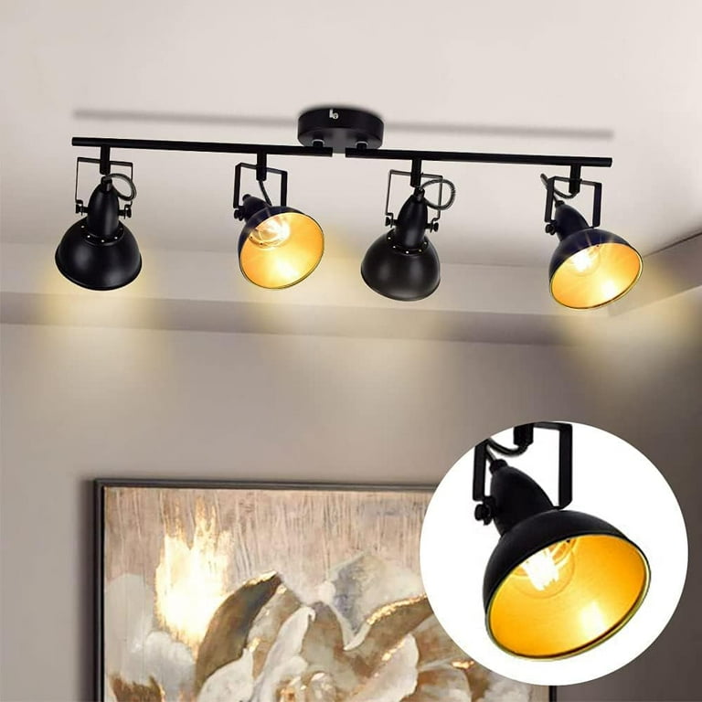Depuley Black 4 Light Track Light Vintage Ceiling Light Flexible Flush Mount Light Fixture for Living Room Dining Bedroom Kitchen E14 Base