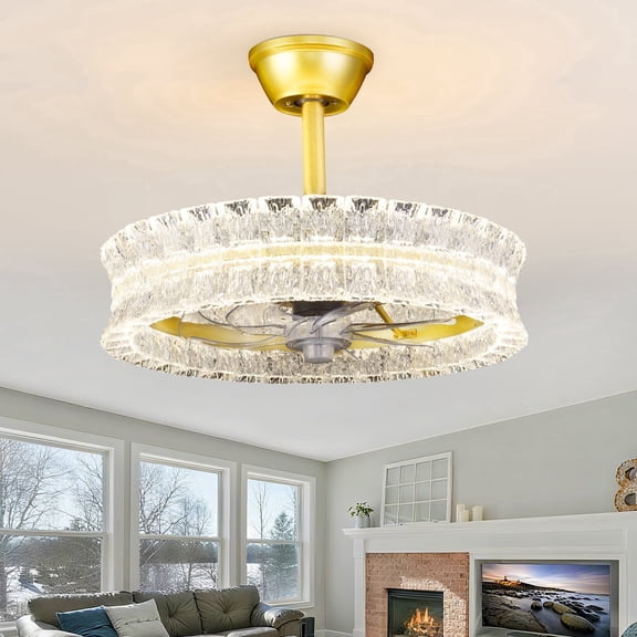 Depuley Luxury Crackle Crystal Ceiling Fan, 20" Gold Fandelier with Invisible Blades, Dimmable LED Fan Light with Remote for Modern Home Decor