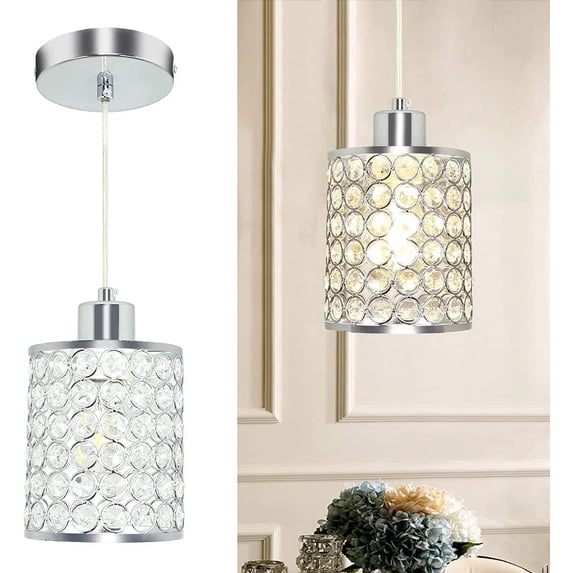 Depuley Modern Crystal Pendant Lighting Chrome Finished Hanging Light Fixture Cord Adjustable, E26 Base