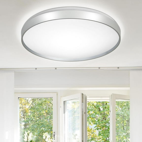 Depuley Modern Dimmable LED Flush Mount Ceiling Light Fixture Silver Round Close to Ceiling Light Indoor Lamp for Living Room Bedroom Kitchen, 35W