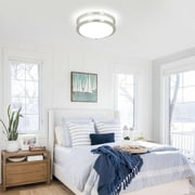 Depuley Modern Flush Mount Ceiling 1 Light Nickel Round Close to Ceiling Light Fixture for Living Room Bedroom Kitchen Hallway, 3 Color Changeable, 24W