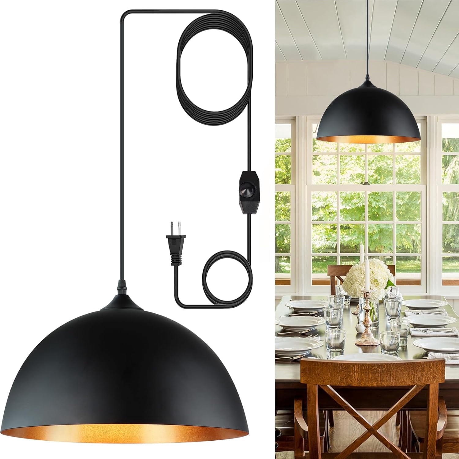Feanron Plug-in Pendant Light – Vintage Industrial Barn Shade, 14.76ft Cord With On/Off Switch, UL Listed, Adjustable Pulley