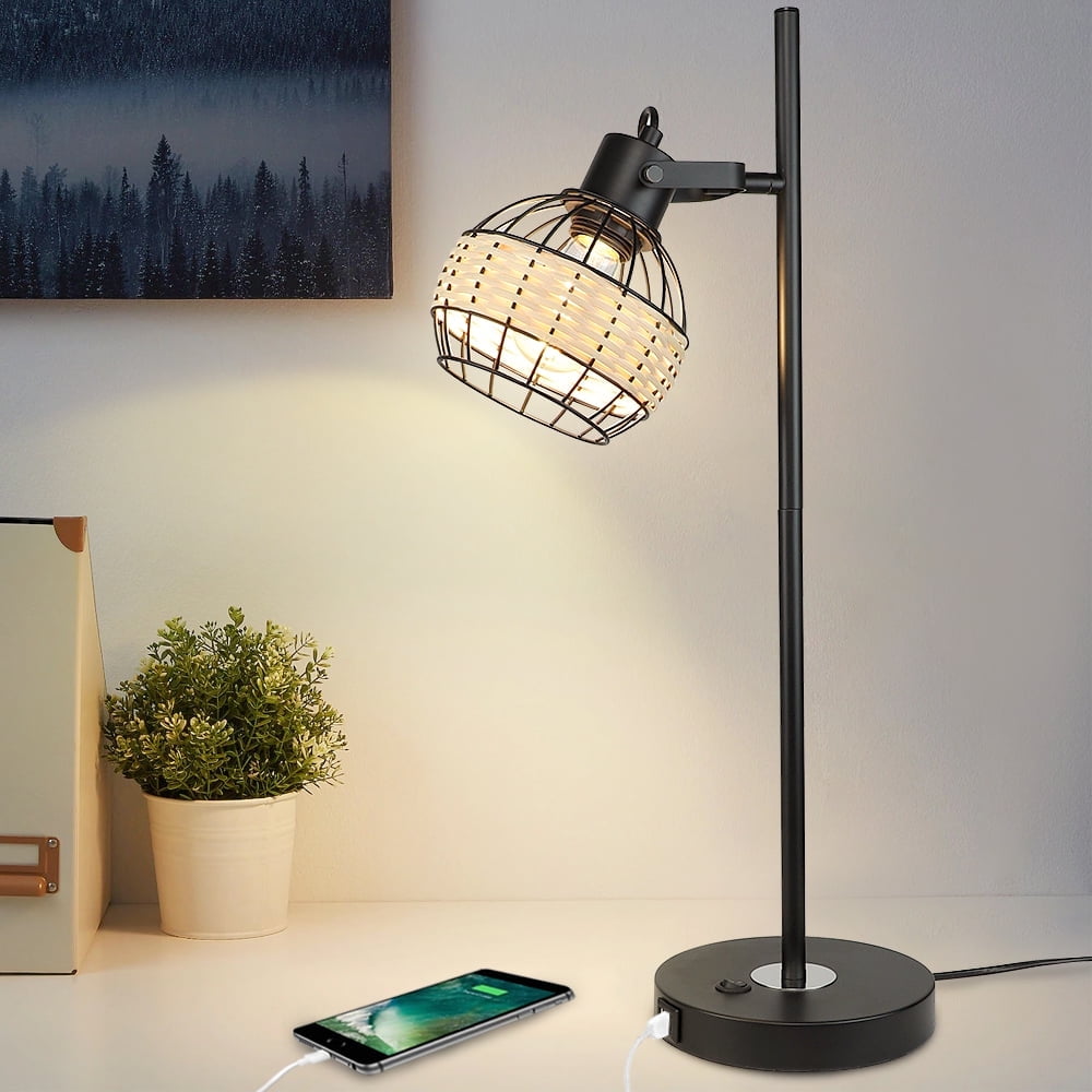 Depuley Wooden Black Table Lamp, 2 USB Ports Adjustable Head Desk Lamp with Rattan Shade, 4W E26 LED Bulb Included