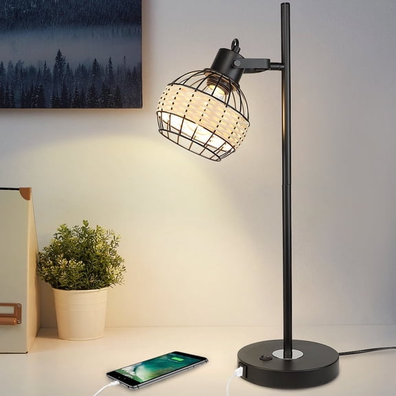 Depuley Wooden Black Table Lamp, 2 USB Ports Adjustable Head Desk Lamp with Rattan Shade, 4W E26 LED Bulb Included