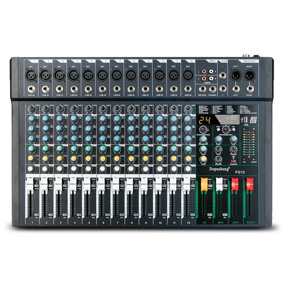 Depusheng FG12 Professional Mixing Console 12 Channel Audio Mixer MP3 Input, 48V Phantom Power,Black Bluetooth USB Audio Mixer for PC