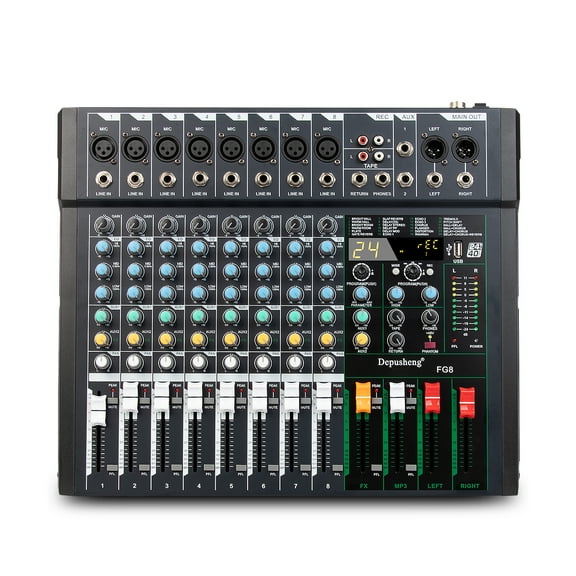Depusheng FG8 Professional Audio Mixer 8 Channel Mixing Console MP3 Input, 48V Phantom Power,Black Bluetooth USB Audio Mixer for PC