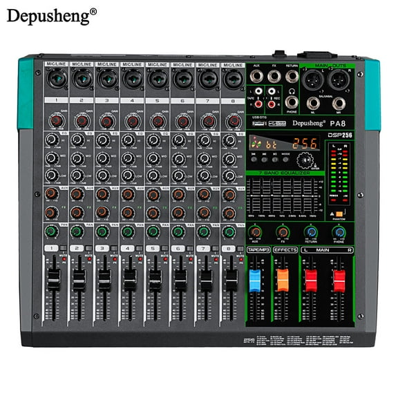 Depusheng PA8 Mixing Console 8-Channel Audio Mixer with 48V Phantom 256 DSP USB Bluetooth Black for Professional and Beginner