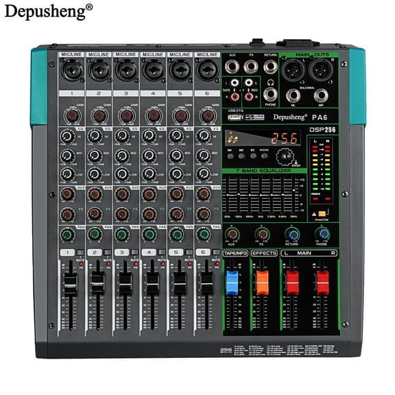 Depusheng Professional Audio Mixer 6-Channel Mixing Console with 256DSP USB & Bluetooth 48V Power for Professional and Beginners