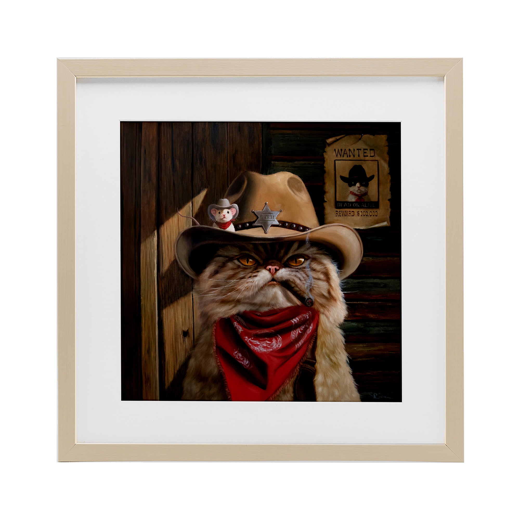 Deputy Purrkins Cat Sheriff Birch Framed Print Under Glass, design by Lucia Heffernan