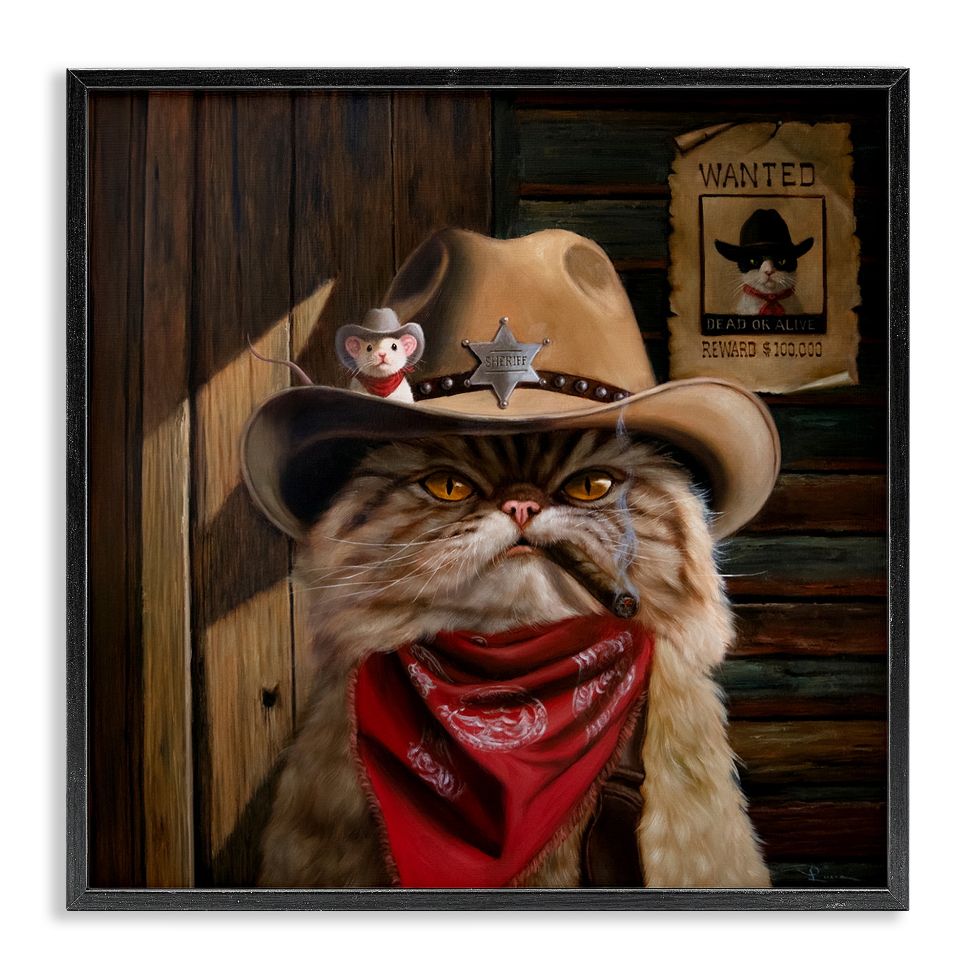Deputy Purrkins Cat Sheriff Black Framed Giclee Art, design by Lucia Heffernan