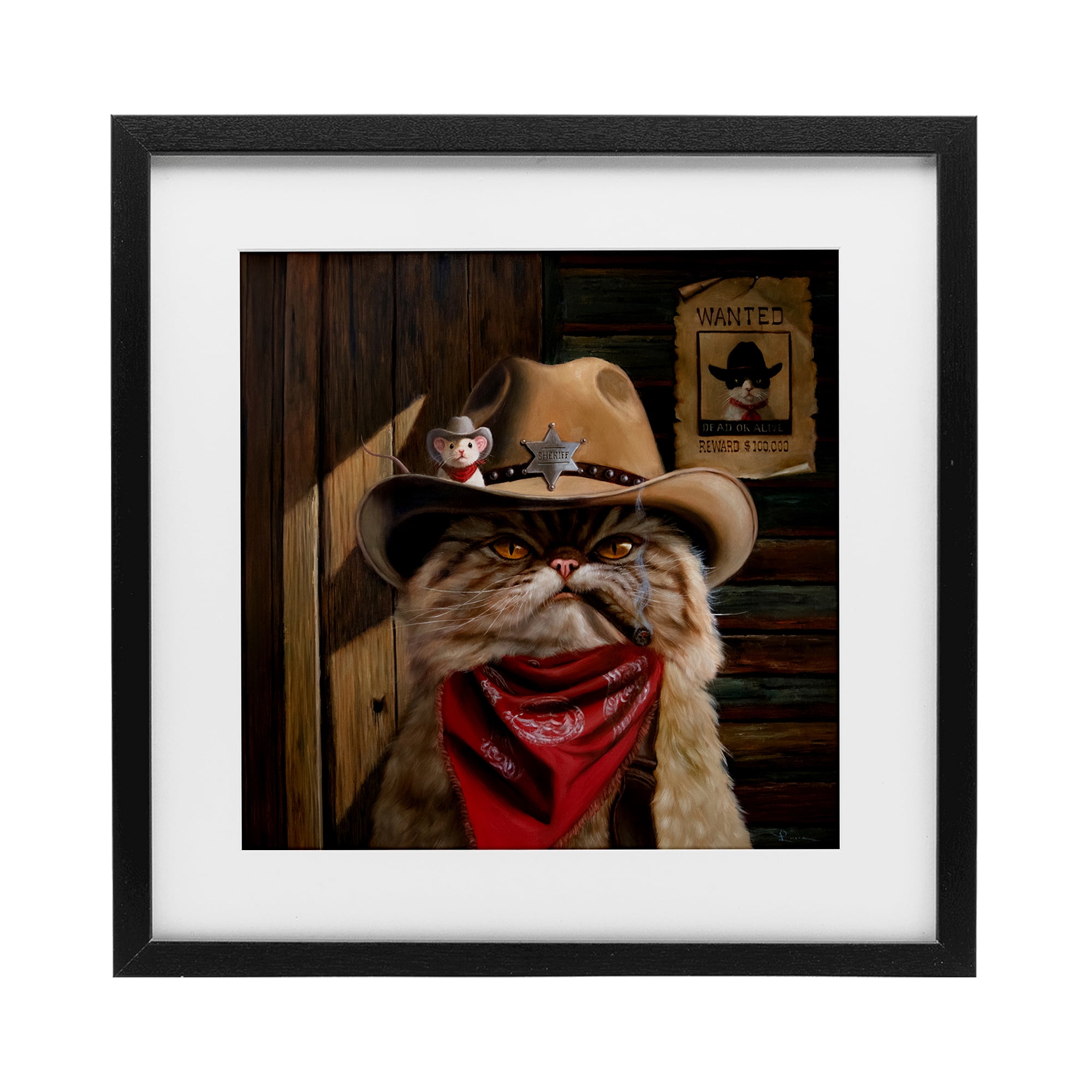 Deputy Purrkins Cat Sheriff Black Framed Print Under Glass, design by Lucia Heffernan