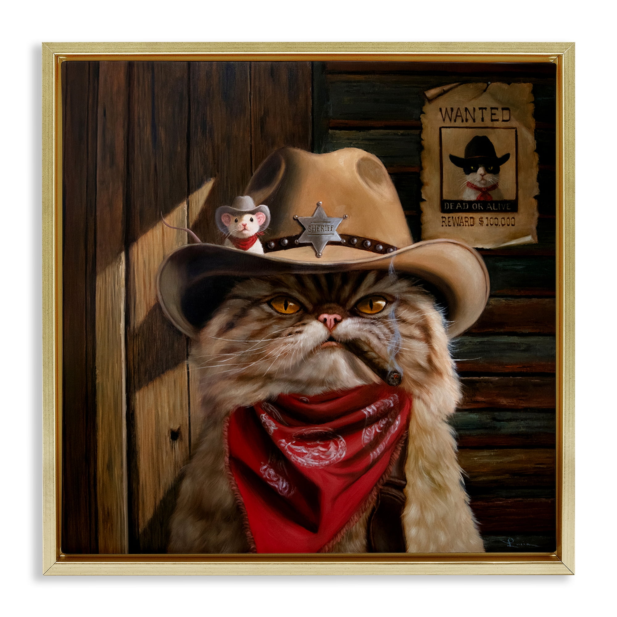 Deputy Purrkins Cat Sheriff Gold Framed Floater Canvas Wall Art, design by Lucia Heffernan