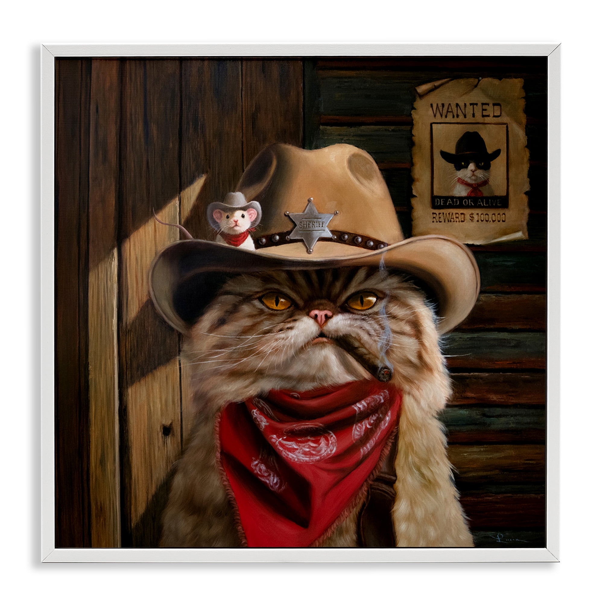 Deputy Purrkins Cat Sheriff White Framed Giclee Art, design by Lucia Heffernan
