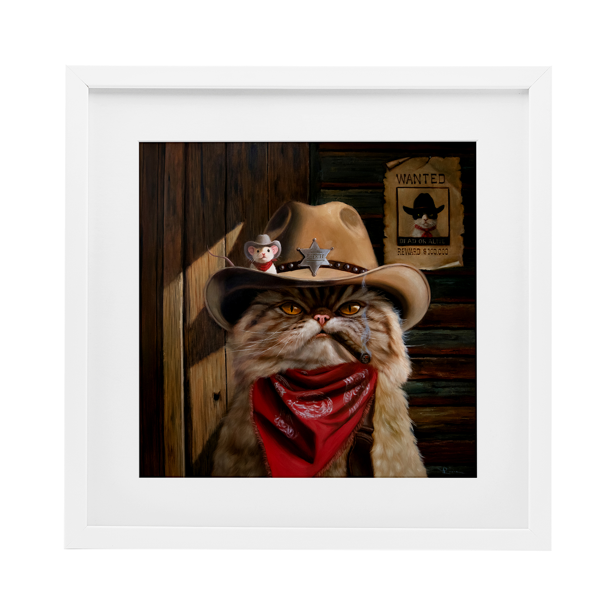 Deputy Purrkins Cat Sheriff White Framed Print Under Glass, design by Lucia Heffernan