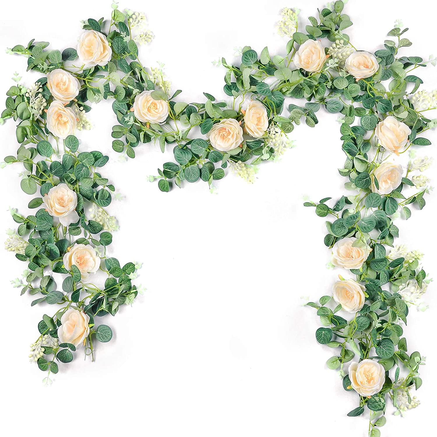 13ft Champagne Artificial Eucalyptus Garland with Silk Roses