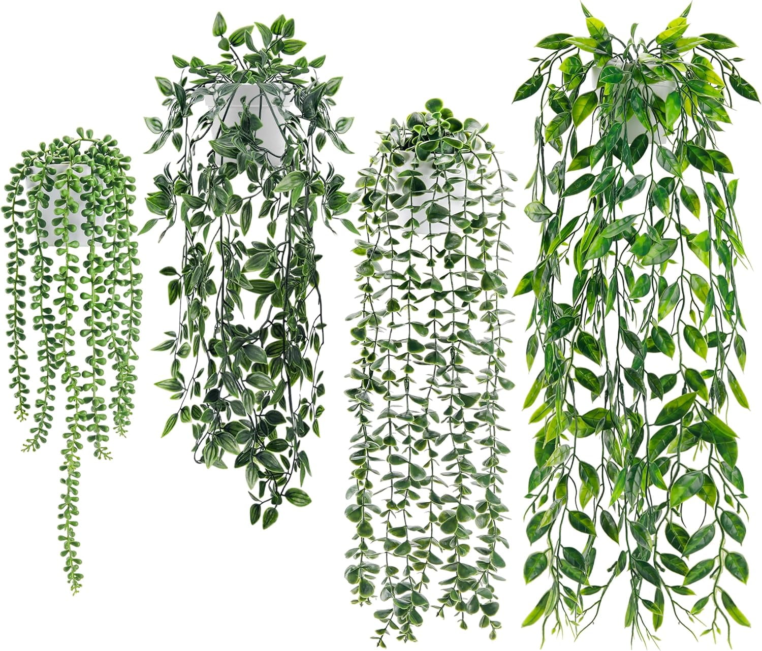 Der Rose Artificial Plants Bundle: 4 Hanging Fake Plants With Pots + 2 Mini Potted Plants