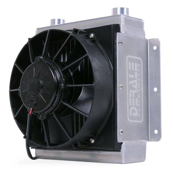 Derale Fluid Cooler and Fan, 12-3/8 x 11-7/8 x 8-1/2 in, Tube Type, 7/8-14 in Female O-Ring Inlet Fitting, 7/8-14 in Female O-Ring Outlet Fitting, Universal, Each