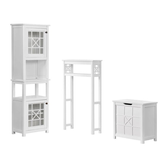 Derby 4-Piece Bathroom Set with Over Toilet Open Storage Shelf, Hamper, Floor Cabinet, and Hutch