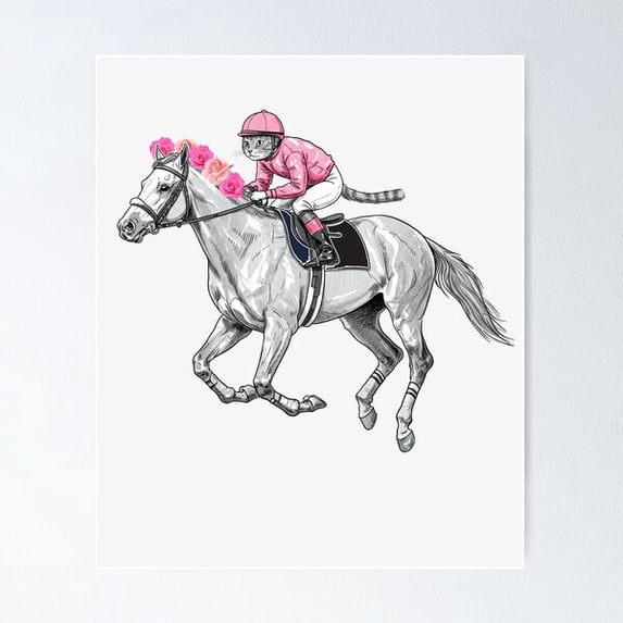 Derby Day Cat Jockey Horse With Roses - Minimalist Animal Art Poster Wall Art, Modern Wall Decor For Living Room Bedroom, 8x12 UNFRAMED