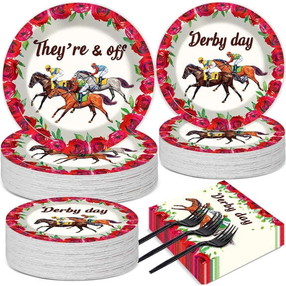 Derby Day Party Supplies Run for the Roses Disposable Tableware Set with Dinner Plates, Dessert Plates, Napkins, and Black Forks, 200-Piece, Horse Racing Theme, Colorful Floral Design