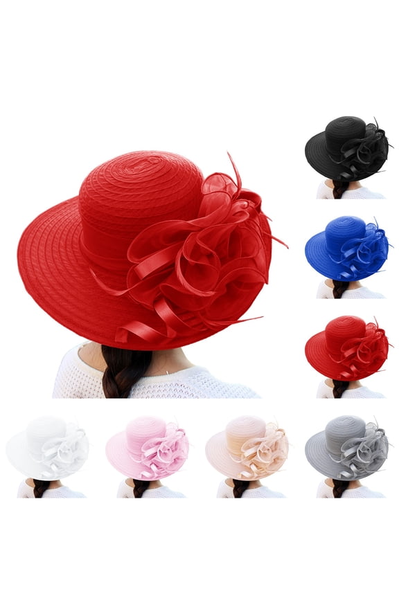 Derby Hat for Women Breathable Mesh Sun Hat Elegant Round Top Wide Brim Headwear Lightweight Fashion Dressy Hat for Wedding Daily Outdoor Occasions Red One Size