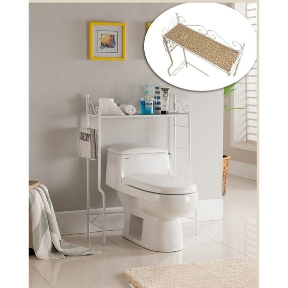 Derby Over The Toilet Bathroom Spacesaver Rack, White Metal & Marble Wood