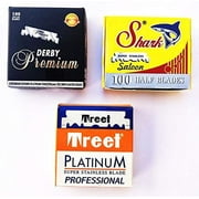 Derby-Shark-Treet 300 Quality Single Edge Razor Blades Sampler 3 different brands 3 X 100 blades Per Pack Sampler for Barber Razors