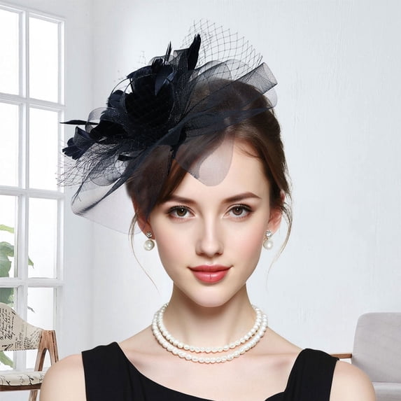Organza Fascinator with Feather and Birdcage Veil, Formal Side Clip for Wedding, Derby & Tea Events