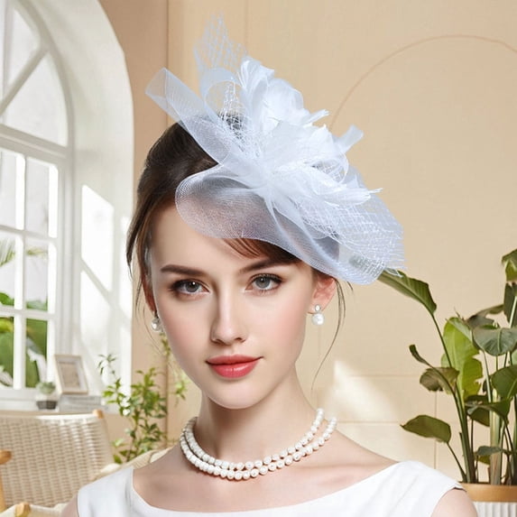 Organza Fascinator with Veil & Feather, Formal Side Clip for Wedding and Special Events