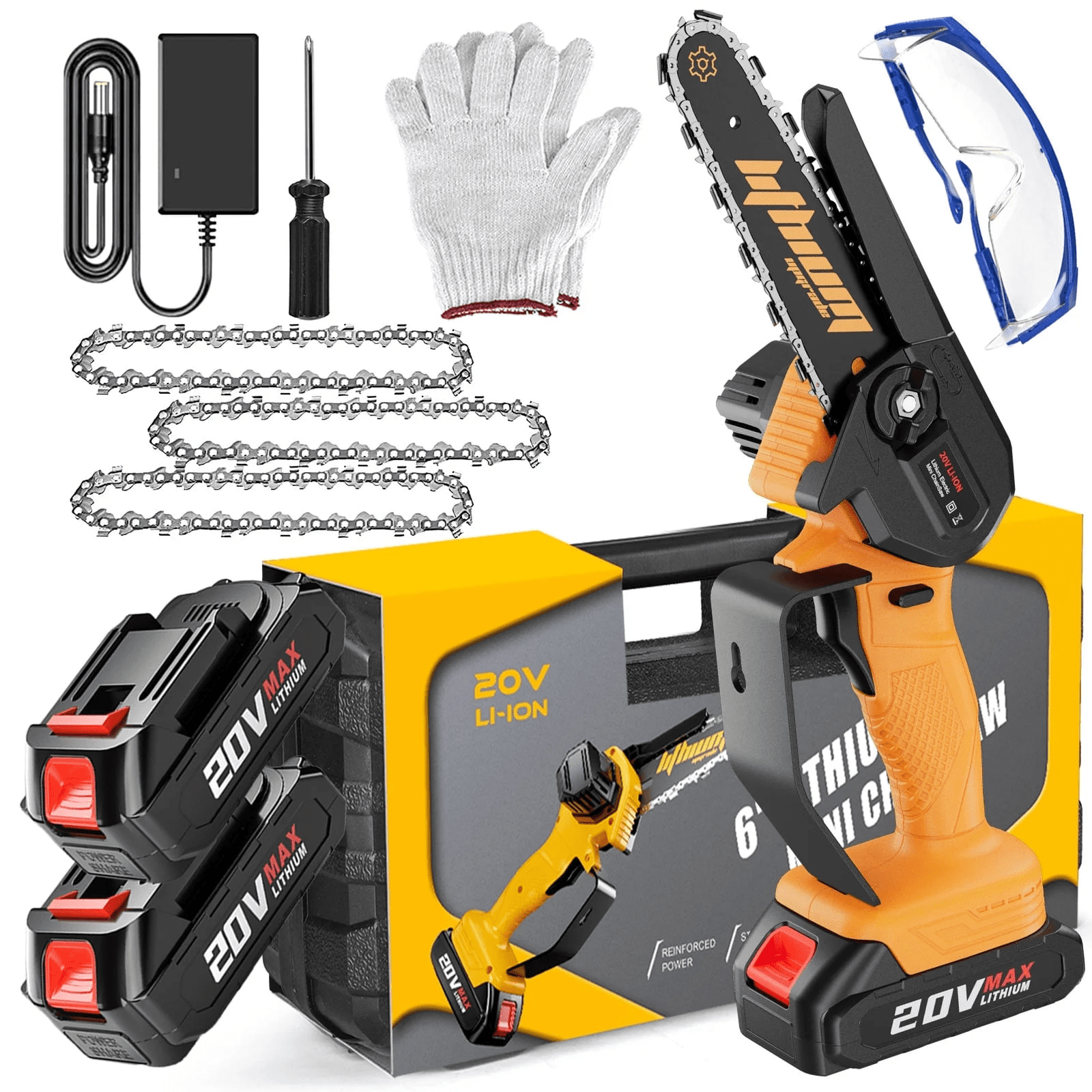 Mini Chainsaw 6-inch with 2 Batteries Cordless Handheld Small Chain Saw for Tree Branch Wood Cutting(3 Chains)