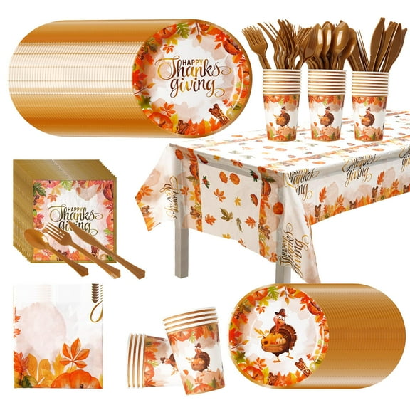 Dereinwo 169 Pcs Fall Paper AFN1Plates Napkins Party Supplies Disposable Turkeys Pumpkin Party Tableware Set Autumn Maple Party Decorations for Fall Theme Party ,Serves 24