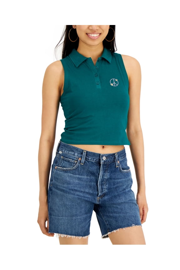 Juniors' Cotton Embroidered Polo Tank Top Green Peace L