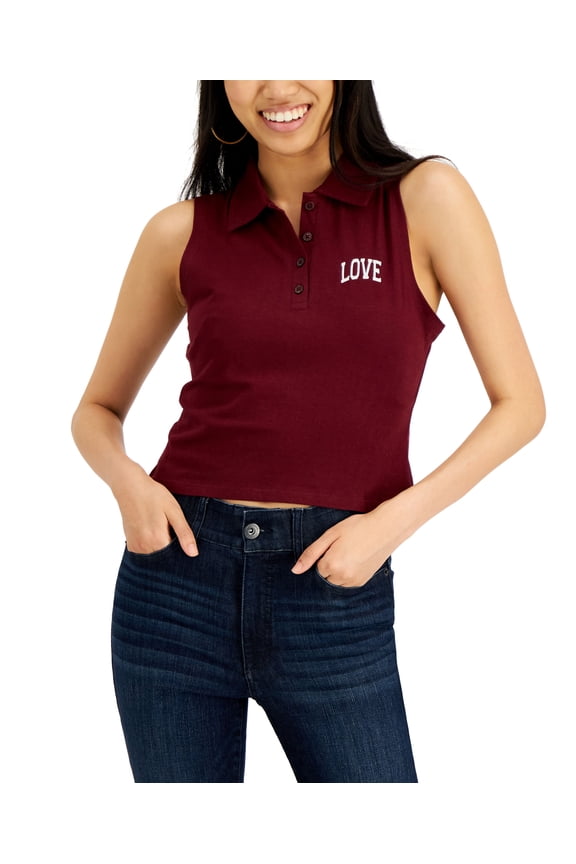 Juniors' Cotton Embroidered Polo Tank Top Windsor Wine Love L