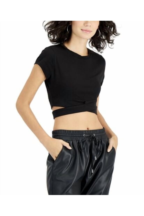 Juniors' Cropped Crossover-Hem Top Black Short Sleeve Size L