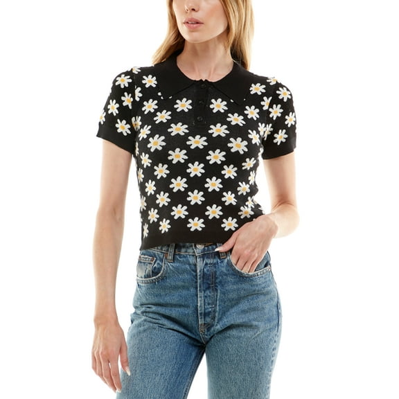 Derek Heart Juniors Groovy Printed Short Sleeve Sweater Polo, Black/White, Small