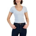 thumbnail image 1 of Derek Heart Juniors’ Lettuce-Trim Seamless V-Neck Top, Blue, Large, 1 of 1