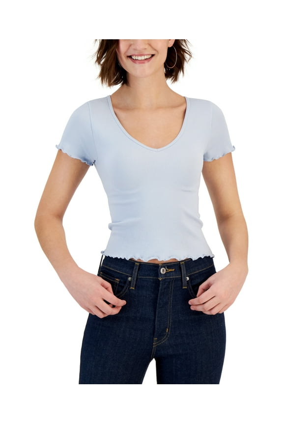 Juniors’ Lettuce-Trim Seamless V-Neck Top, Blue, Large