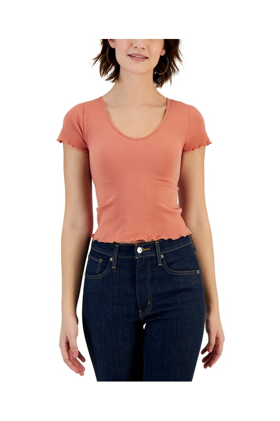 Juniors Lettuce-Trim Seamless V-Neck Top, Brick Dust, Large