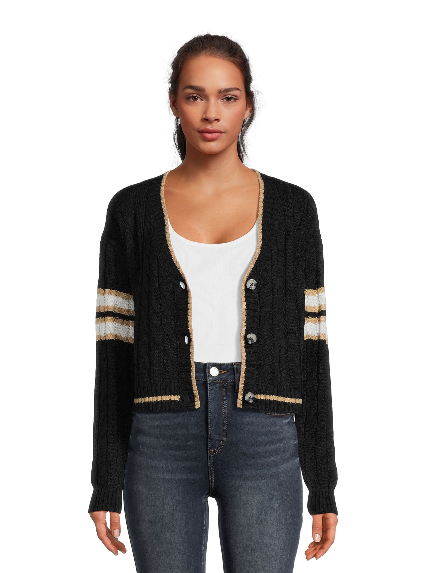 Derek Heart Juniors Varsity Drop Shoulder Button Front Cardigan with Tipping Sizes S L